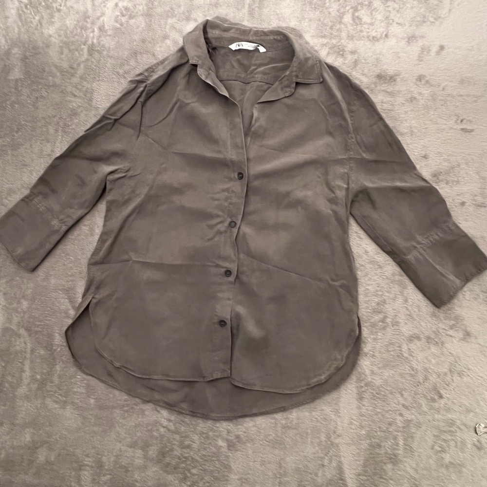 Zara Relaxed Button-Down Shirt | Taupe | Size XS | 3/4 Sleeve | Never Worn
